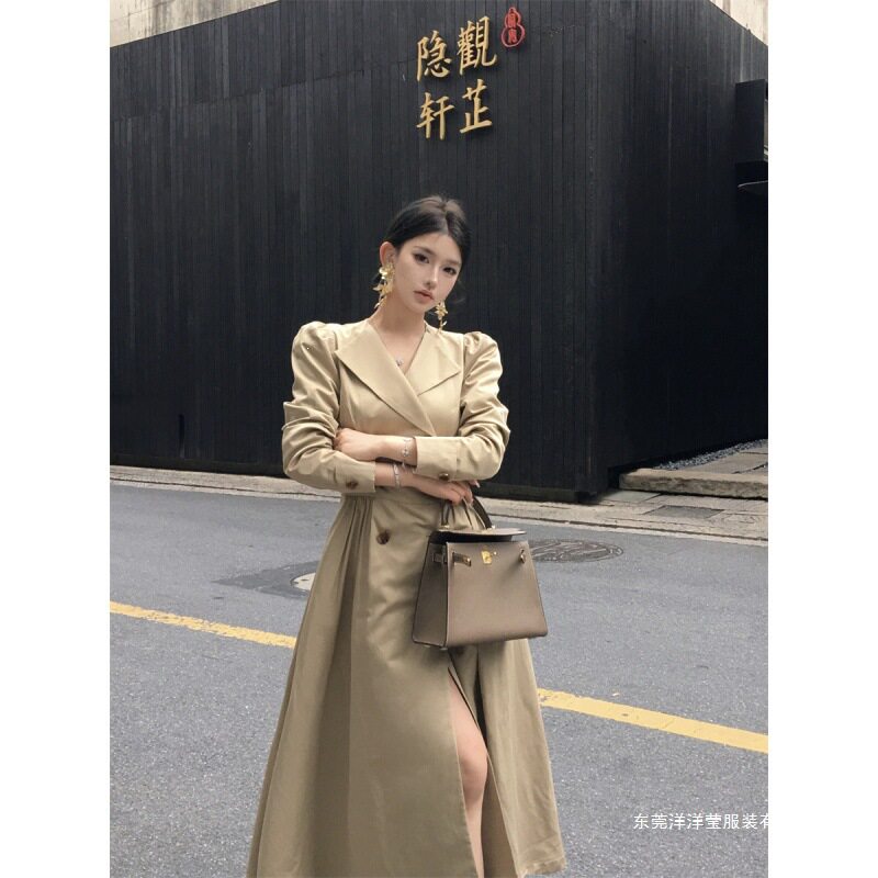 法式复古气质感收腰中长款风衣长袖西装外套风衣裙女