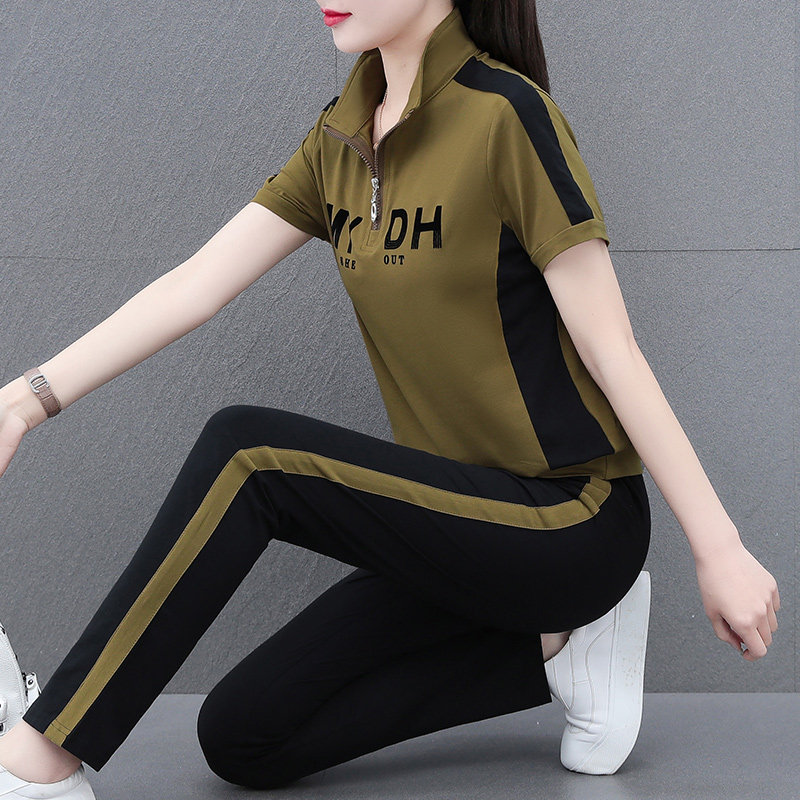 2026新款纯棉运动服套装女夏季休闲跑步中年妈妈半拉链短袖两件套