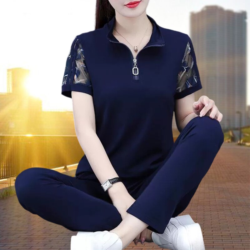 夏季冰丝妈妈休闲运动套装女2026新款品牌中年女士宽松中老年夏装