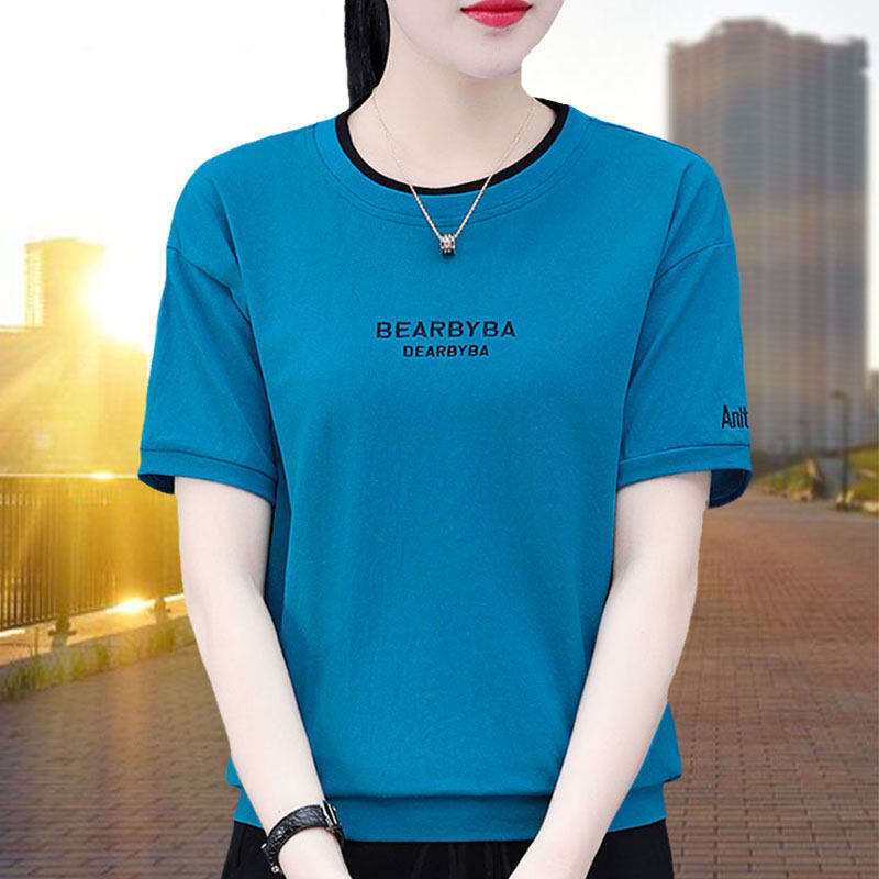 洋气短袖t恤女圆领2026新款夏季装高端中年字母女士大码宽松上衣