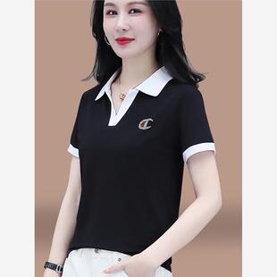 冰丝翻领t恤女黑色2026新款妈妈夏季短袖体恤中年速干上衣polo衫