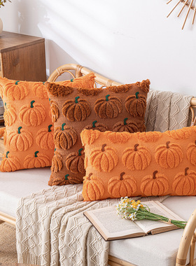 Halloween pumpkin embroidered fur pillowcase cushion cover