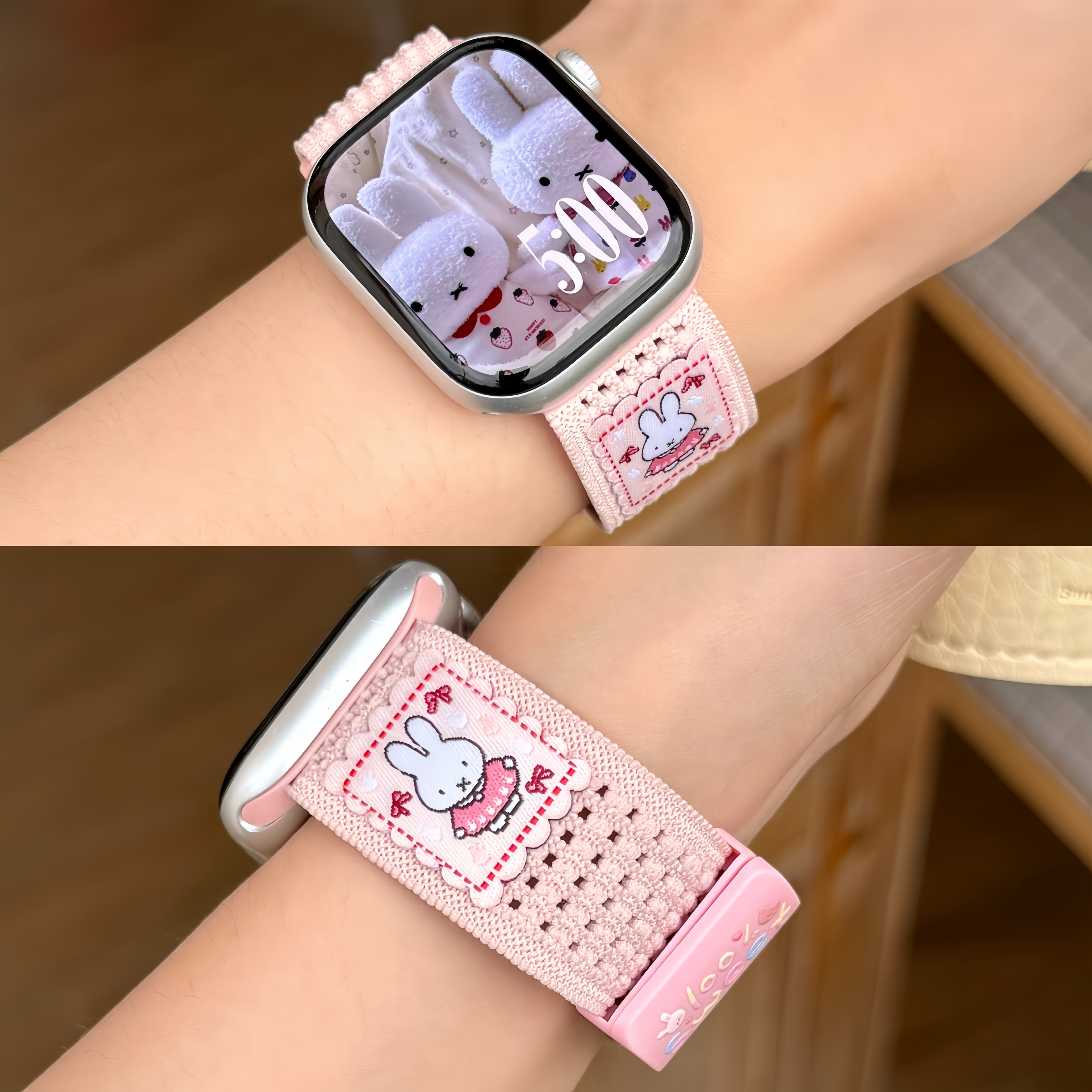 【柔软透气】适用苹果手表S11/10可爱小兔针织磁吸表带applewatch9876se可爱镂空回环iWatch夏ultra运动腕带