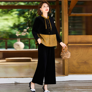 妈妈秋装国风套装贵夫人新中式外套春秋中年女装金丝绒复古两件套