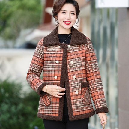 中年妈妈秋冬装加绒外套洋气质中老年人女装冬季加厚格子上衣短款