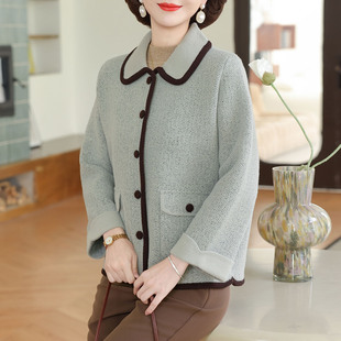 中老年女装春秋新款毛呢外套50高级感中年妈妈秋冬装洋气针织上衣