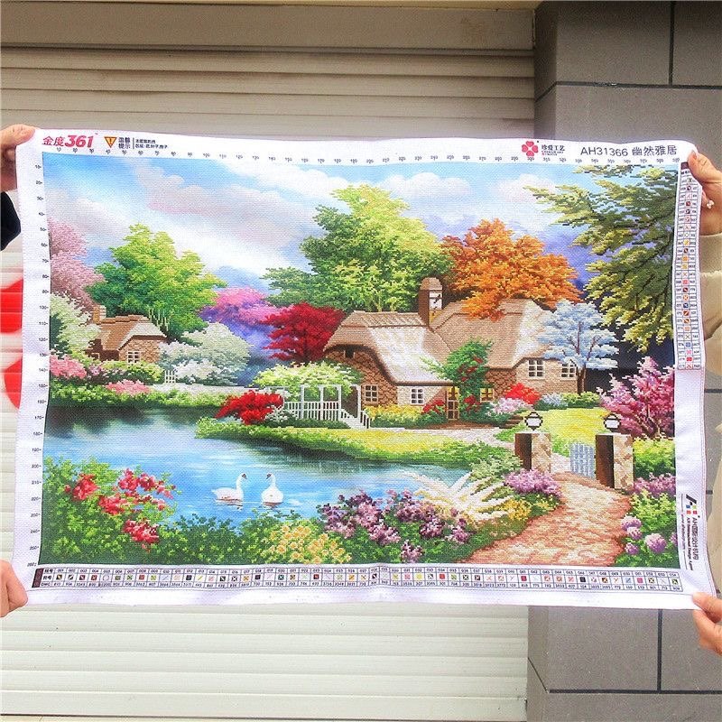 纯手工十字绣成品幽然雅居小居湖边小屋田园风景绣好的出售新款