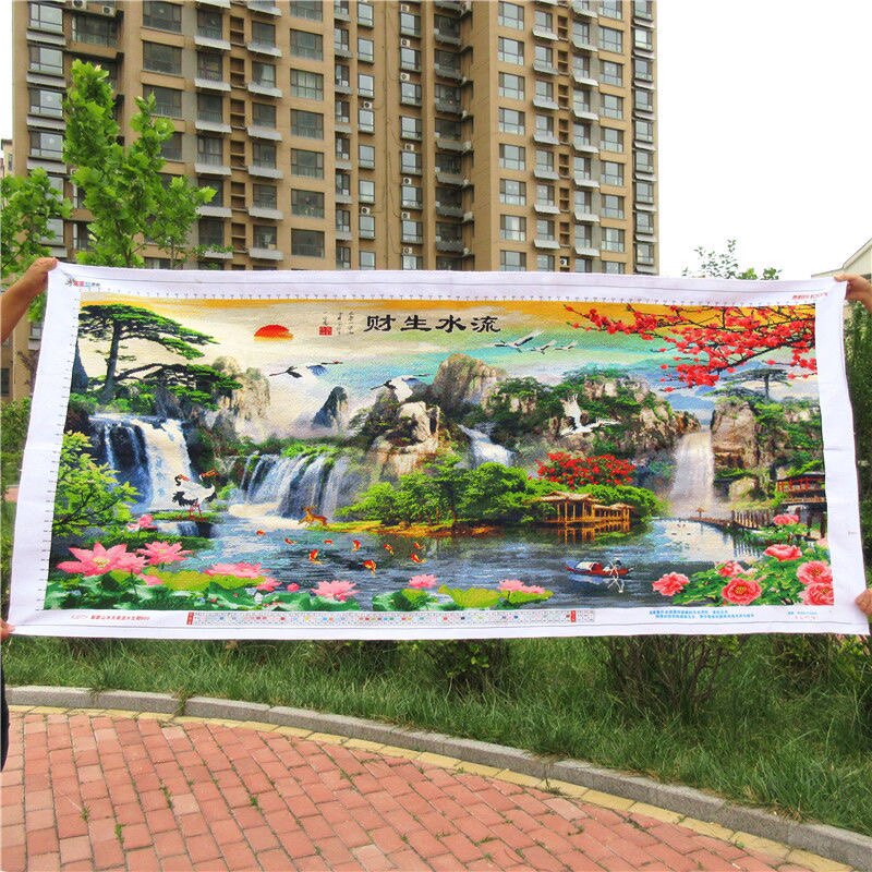 新款流水生财纯手工十字绣成品客厅办公室山水风景大画秀好的出售