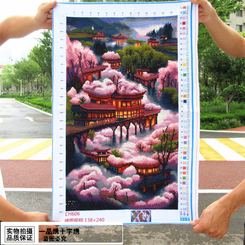 人间仙境纯手工十字绣成品新款客厅玄关竖版简单满绣绣好的出售