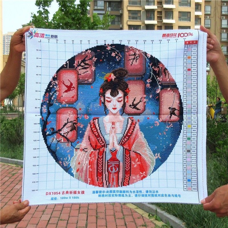 纯手工十字绣成品古典祈福女孩圆形人物挂画新中式客厅新款绣好的