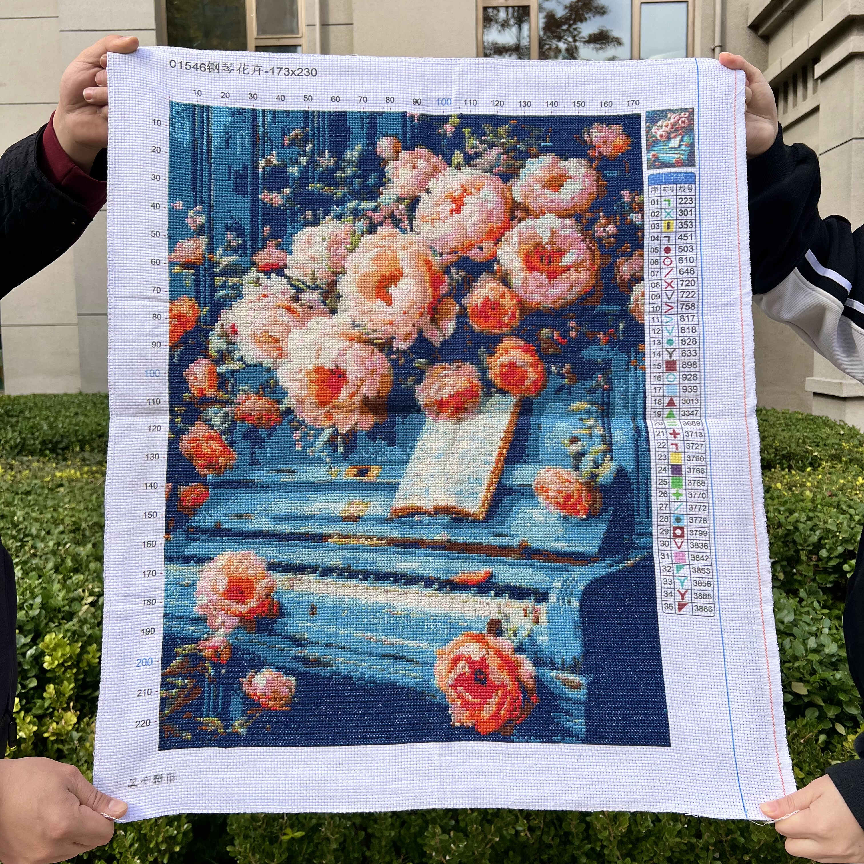 钢琴花卉纯手工十字绣成品新款玫瑰花海竖版欧式油画装饰画小件画