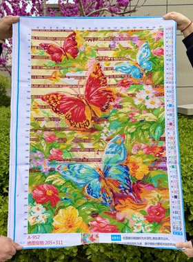 纯手工十字绣成品新款花开富贵牡丹花蝴蝶音符客厅竖版装饰画挂画