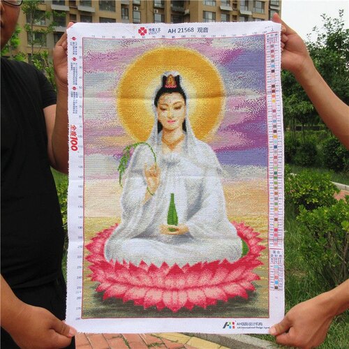 滴水观音纯手工十字绣成品坐莲观音莲花菩萨佛像客厅手秀好的出售