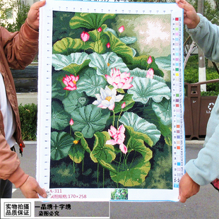 莲叶田田纯手工十字绣成品荷花图新款客厅餐厅竖版玄关走廊挂画