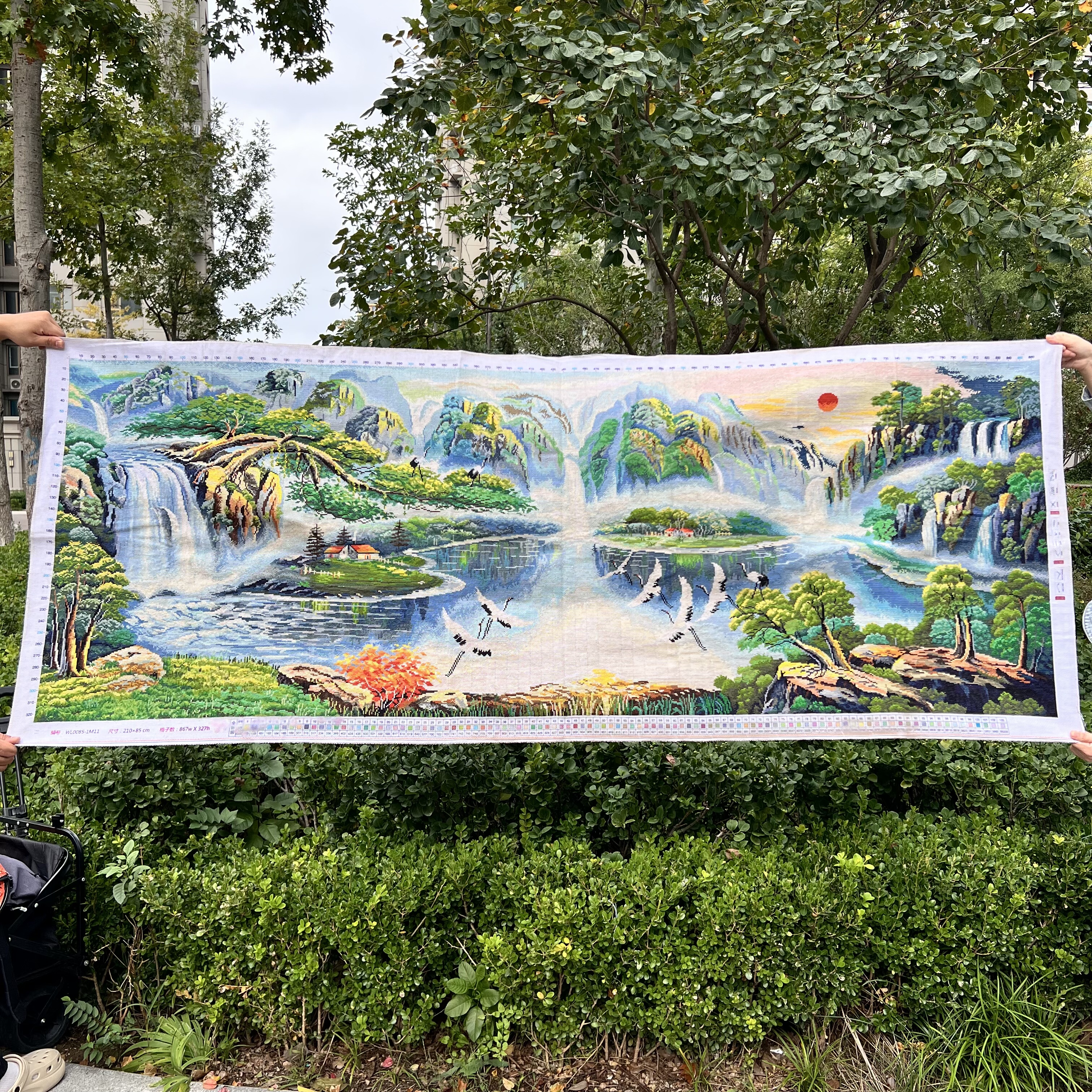 纯手工十字绣成品新款鹤舞松峰人间仙境聚宝盆客厅办公室风景山水