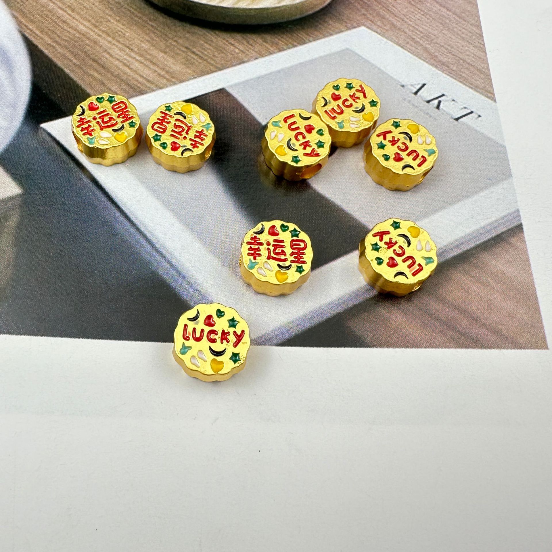 古法沙金珐琅彩滴油幸运星lucky大孔隔珠diy手串链项链饰品配件