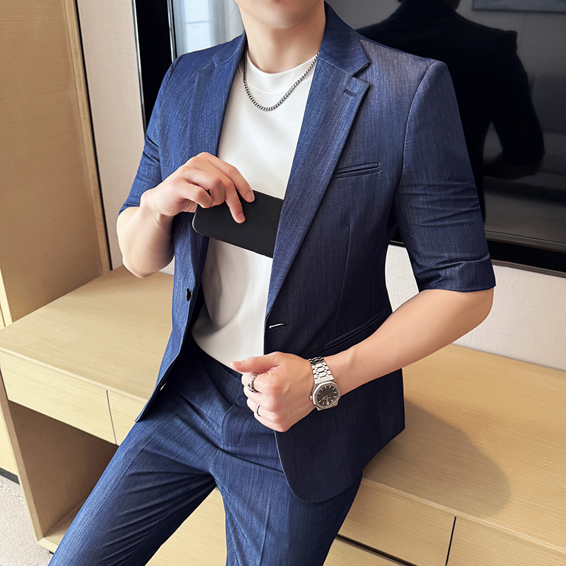 七分短袖西装套装男夏季薄款男装商务单扣正装西服套装男2025新款