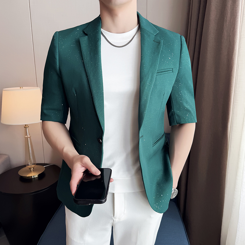满天星七分袖西装外套男士夏季薄款潮流商务修身短袖单西服男款