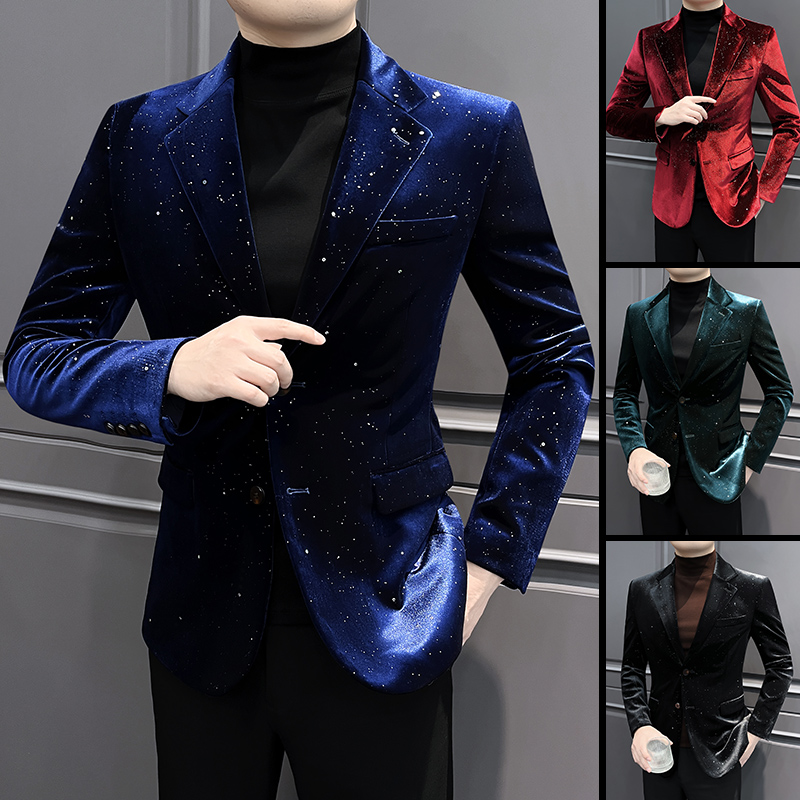 丝光绒烫金西装外套男春秋季西服