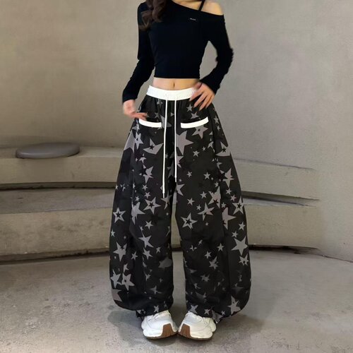 美式街头星星弯刀工装阔腿裤女