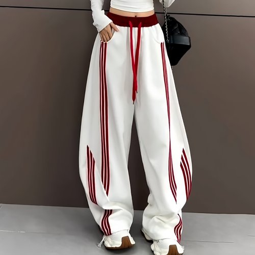 美式复古条纹运动裤女2025春季