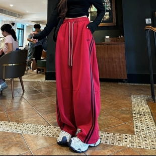 安可拉红运动裤女2025秋季新款高腰宽松垂感阔腿裤显瘦休闲卫裤潮