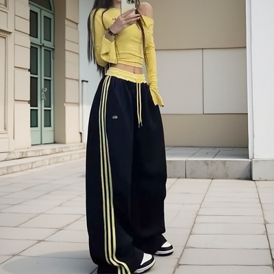 美式条纹阔腿裤女2025新款高腰垂感弯刀裤宽松显瘦卫裤休闲运动裤