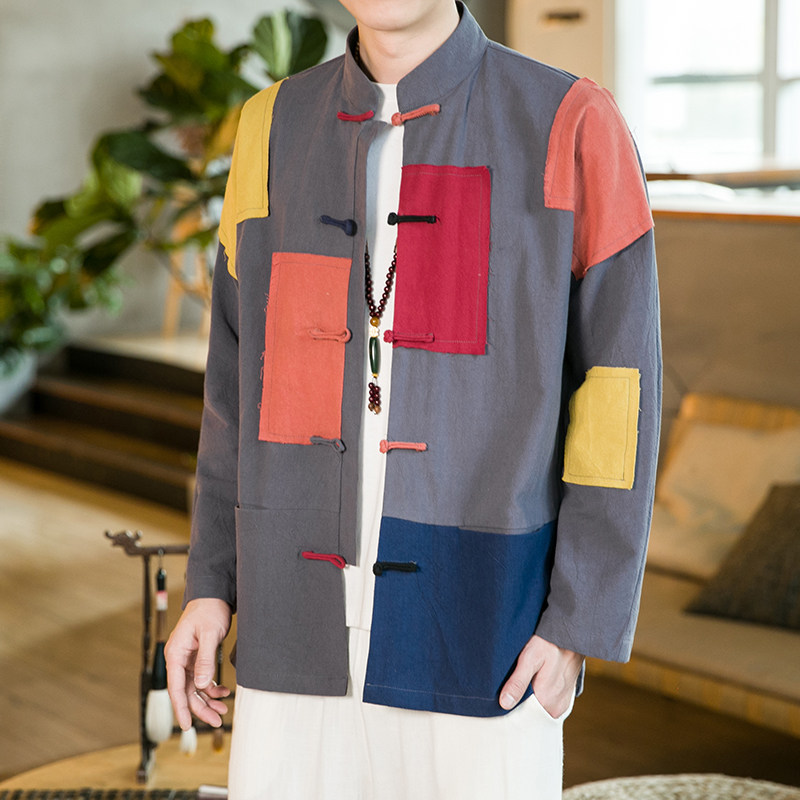 中国风乞丐补丁外套男士秋季唐装盘扣棉麻宽松夹克立领男装中山装