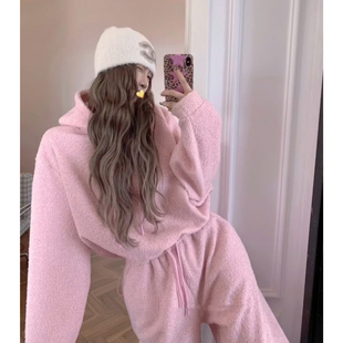 韩系绝美小套装冬装巨好看的粉色加绒连帽卫衣运动服高级感两件套