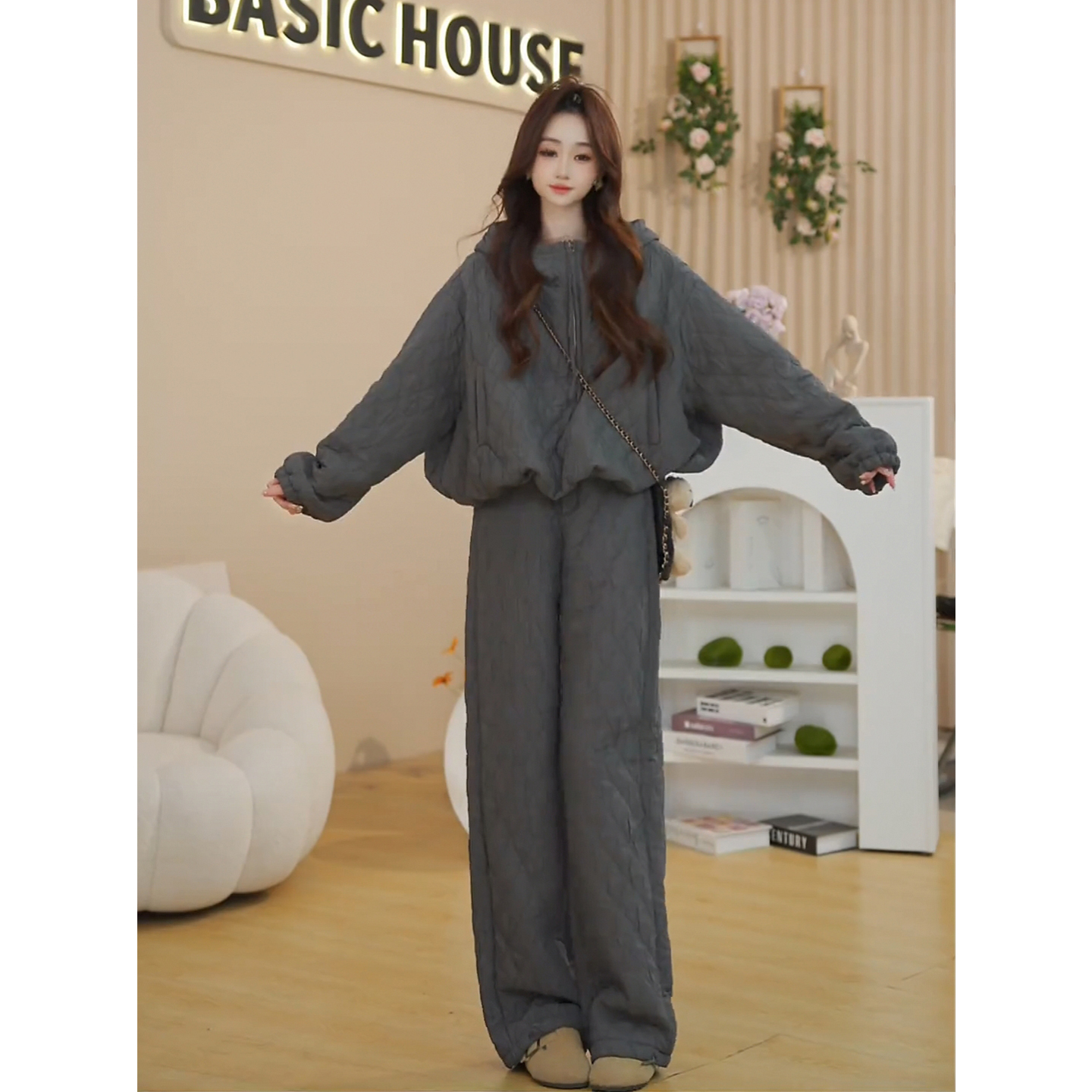 慵懒休闲欧货高级感菱格棉服套装