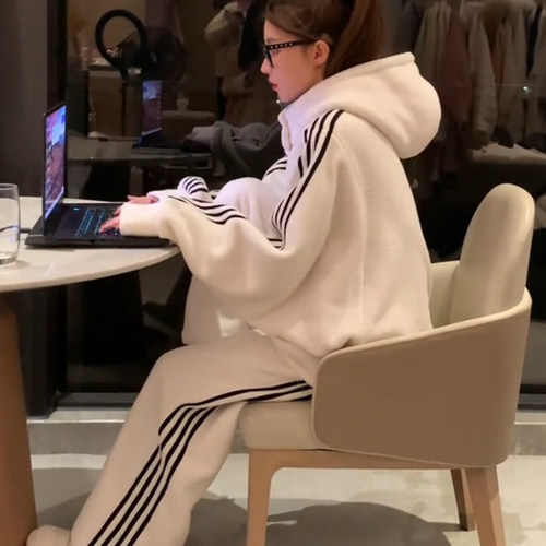 高级感秋冬加绒加厚连帽卫衣套装