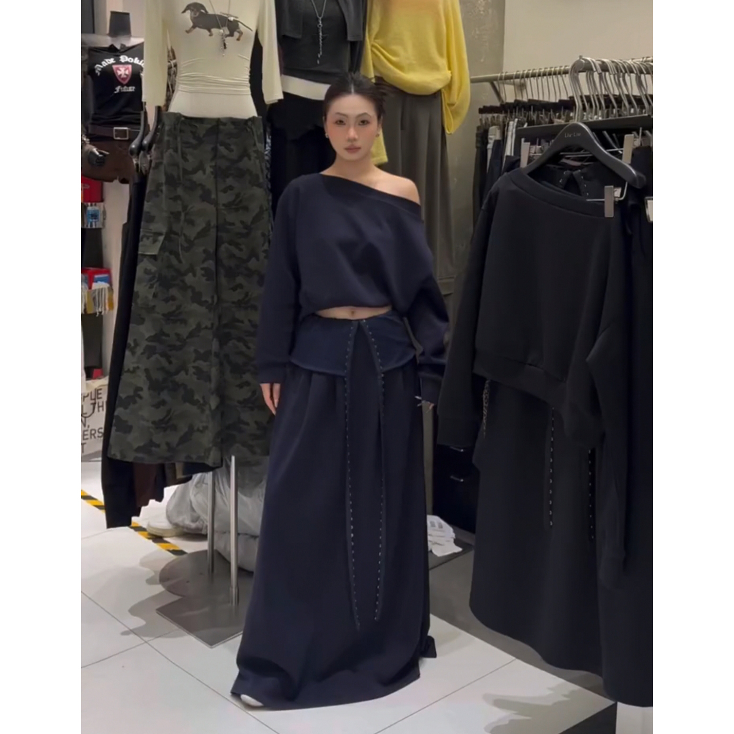 美式辣妹斜肩卫衣宽松半身裙套装