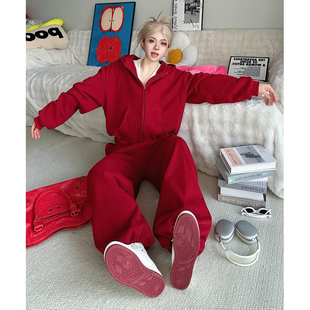 红色运动套装女2026新款超火冬装一整套穿搭休闲卫衣束脚裤两件套