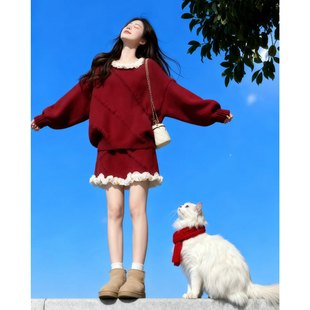 圣诞氛围感穿搭2025新款 韩系减龄红色复古慵懒风针织一整套裙 冬装