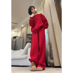 红色加绒卫衣套装女秋冬欧货复古休闲宽松高级感运动服两件套洋气