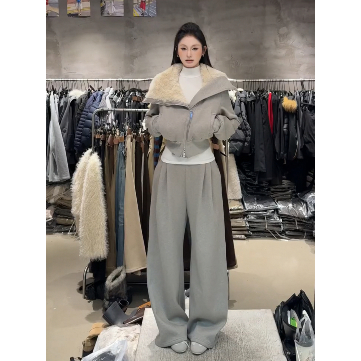 韩系冷淡两件套冬装加绒保暖毛领