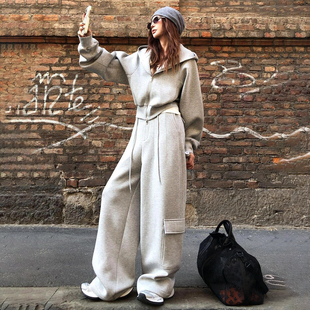 高级感网红超火运动服套装女秋冬慵懒风灰色开衫卫衣工装裤两件套