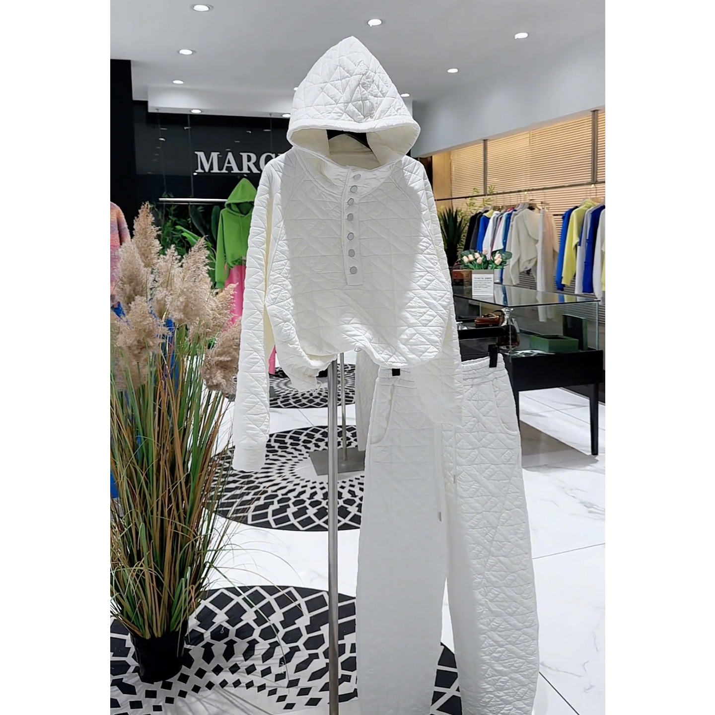 韩版宽松夹棉菱格连帽卫衣套装女