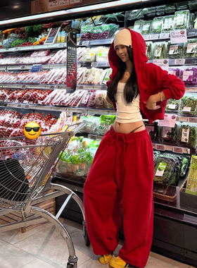 网红炸街辣妹休闲运动高级感红色连帽卫衣抽绳卫裤一整套搭配秋装