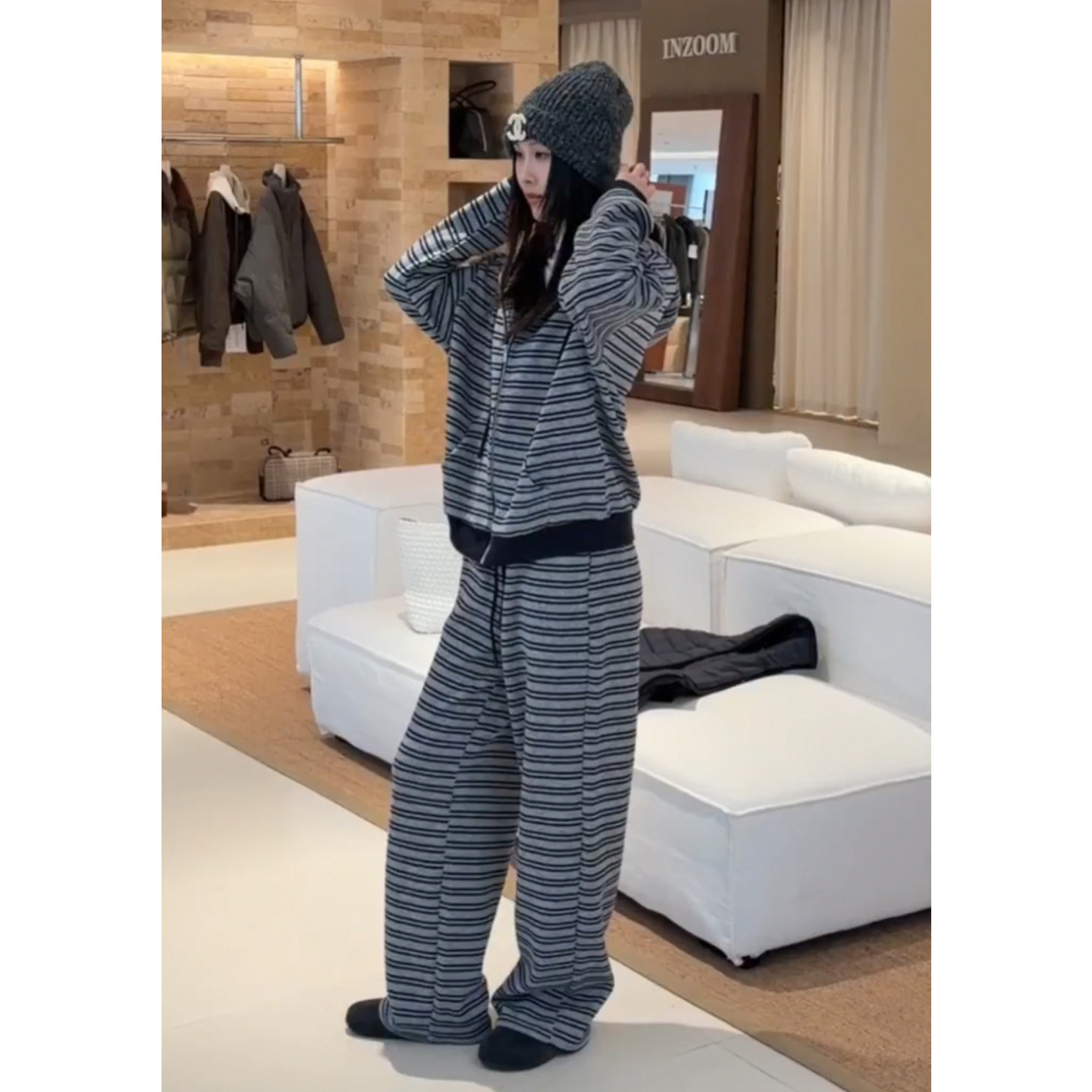 韩风chic一整套慵懒风复古条纹高级感运动服连帽卫衣阔腿裤两件套