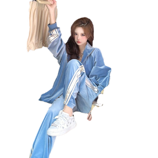 金丝绒运动套装女2025秋冬新款时尚网红休闲卫衣外套阔脚裤两件套