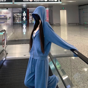 秋季套装2026超火穿搭一整套蓝色休闲慵懒风连帽卫衣运动服两件套