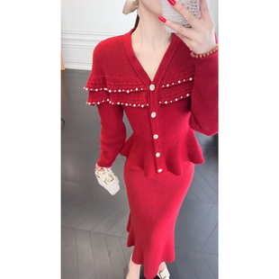 红色敬酒服新娘高端大气重要场合穿搭超好看针织上衣鱼尾裙套装 冬