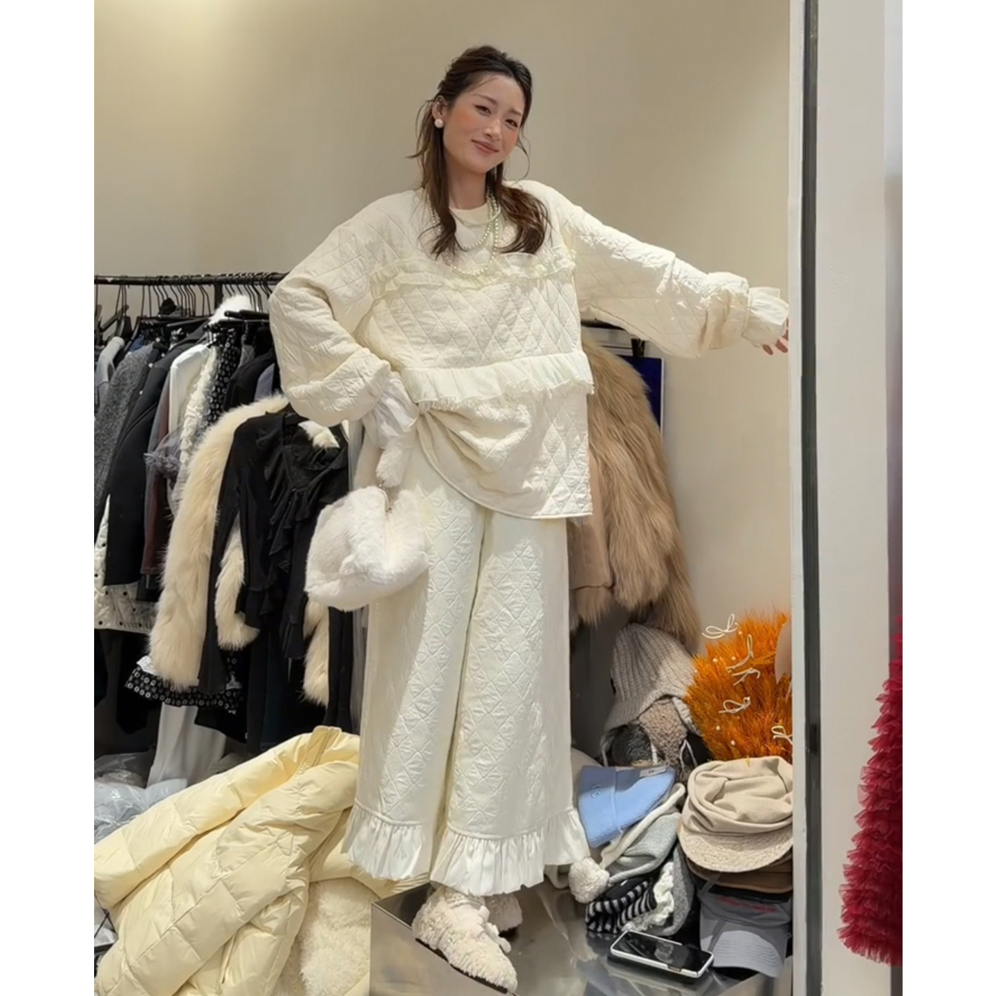 独特漂亮冬装两件套菱格卫衣棉服