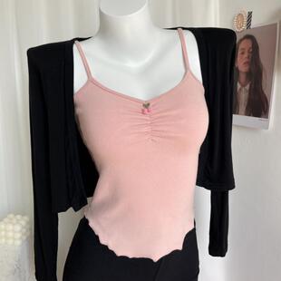 软糯纯欲风小吊带褶皱樱桃木耳边肚兜背心修身 外穿内搭打底上衣女