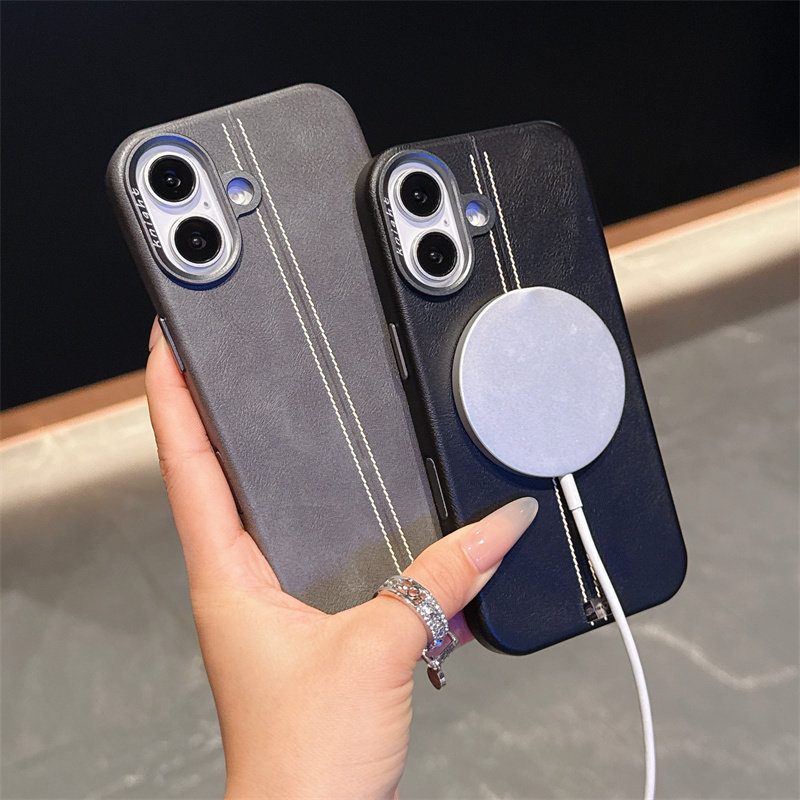 适用于iPhone16pro手机壳新款苹果15promax金属镜头14PRO磁吸素皮高档商务男士ip16高级感plus皮套防摔外壳薄