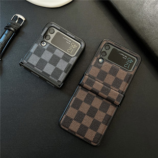 适用三星ZFlip3手机壳折叠屏棋盘方格纹Galaxy Z Flip3保护套铰链翻盖高端皮纹zflip4全包防摔3代男filp3外壳