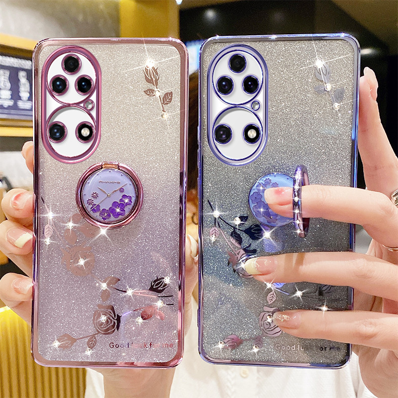 适用华为p50pro手机壳女款透明软硅胶P50e奢华闪粉水钻带镜头膜p40pro全包防摔p5o保护套指环支架p30pr0新品