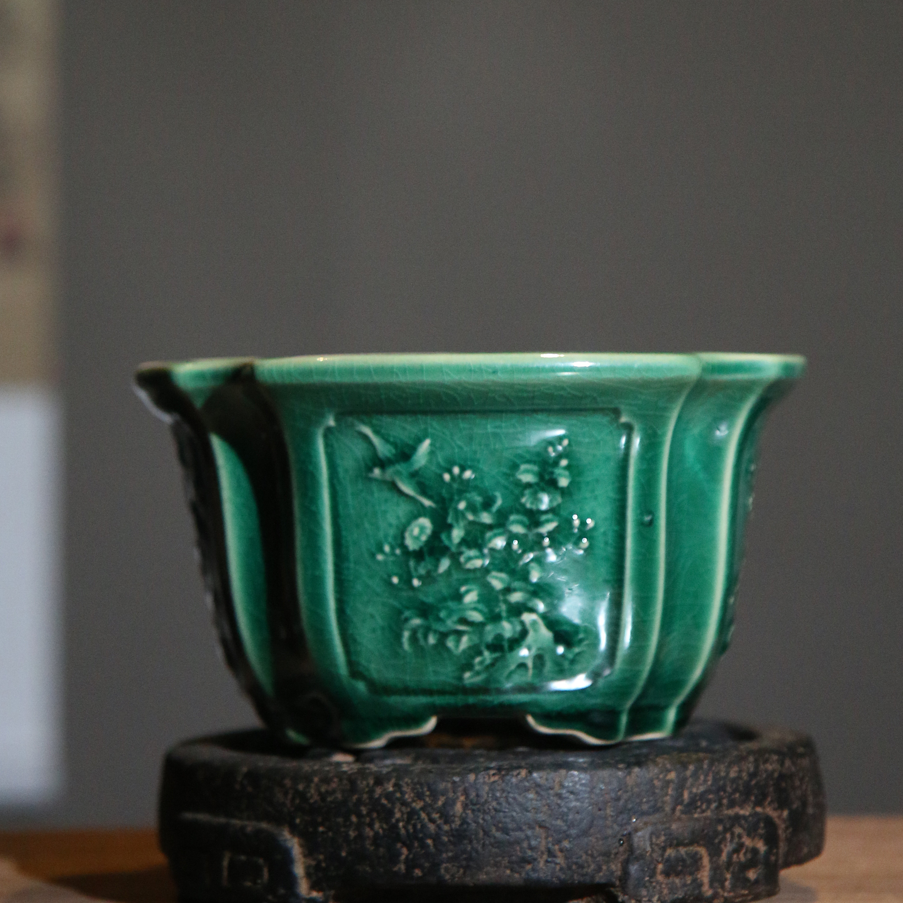 紫砂花盆雕花四方仿古浮雕立体刻绘釉盆陶瓷盆景盆觅陶乡张治诚