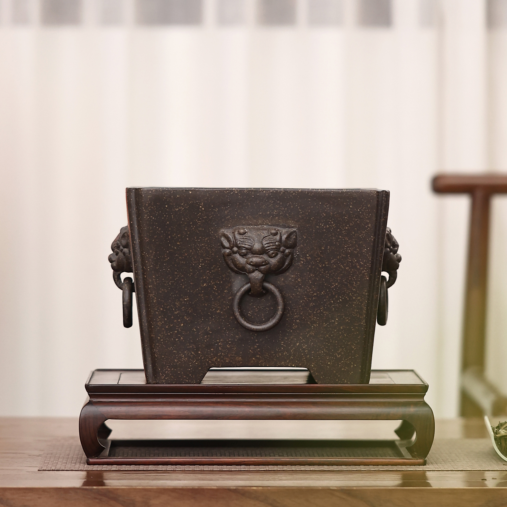 正方形盆景盆紫砂花盆兽面兽钮狮子虎头活动环仿古四方大号盆